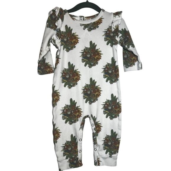 Kate Quinn Baby Romper 12-18M Organic Cotton Pinecone Print Ruffle Sleeves - Picture 1 of 4